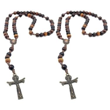 Imagem de Terço de Madeira com Contas 8mm Crucifixo Santo Sudário Medalha Entremeio Ouro Envelhecido (2 São Miguel)