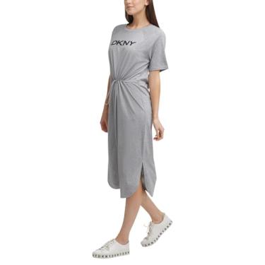 Imagem de DKNY Vestido midi gola redonda com logotipo feminino, Cinza avenida, M