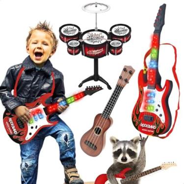 Imagem de Mini Bateria Guitarra Infantil Ukulele de Brinquedo Musical Educativo para Criança Desenvolve Coordenação Motora Criatividade Senso Musical Presente Menino Menina (Bat. Vermelha / Violão Escuro)