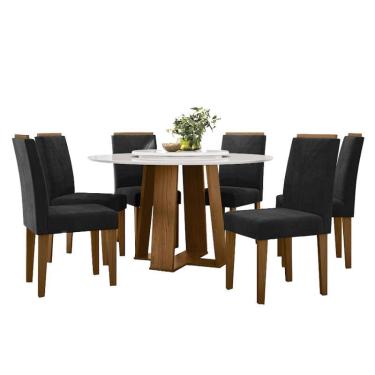 Imagem de Mesa de jantar 135x135 cm com Tampo Giratório Isabela com Vidro Ype Off White e 6 Cadeiras Amanda Ype Veludo Preto – New Ceval