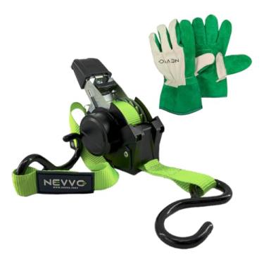 Imagem de Kit Cinta Para Carga Catraca Automática Retrátil 3,6 Metros 680kg + Luva de Raspa Vaqueta Cano Curto Multiuso NEVVO