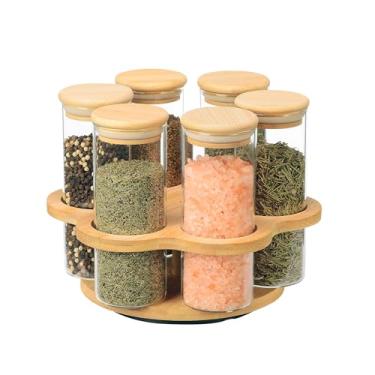 Imagem de Jogo de 6 porta condimentos em vidro borossilicato com tampa e suporte em bambu 320ml D22,2xA19cm