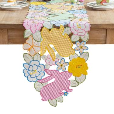 Imagem de Joyfol Day Caminho De Mesa Coelho Xadrez Páscoa, Caminhos Com Estampa Coelhos Bordados E Florais, Cachecol Borboletas Flores Da Primavera Para Decoração Jantar Páscoa (14 × 86 Polegadas)