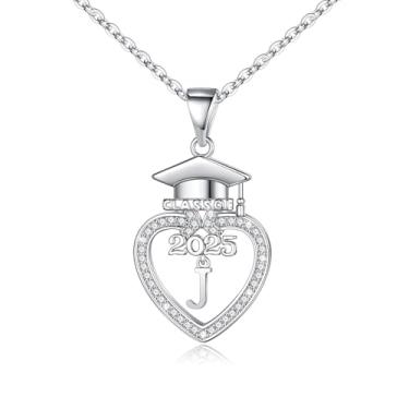 Imagem de Presentes de formatura para ela 2024, colar de inicial banhado a ouro branco 14K com pingente de coração de zircônia cúbica, presente de amizade para sua turma de 2024, presentes de formatura