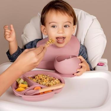 Imagem de Kit Alimentação Bebê Introdução Alimentar Infantil 8 Peças em Silicone Seguro com Ventosa, Livre de BPA, Antibacteriano, Atóxico, Acabamento de Qualidade (Rosa)
