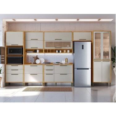 Imagem de Cozinha Modulada Completa 7 Peças 14 Pts e Vidro Reflecta 429cm 100% Mdf Vicenza Espresso Móveis Amêndoa/Off White