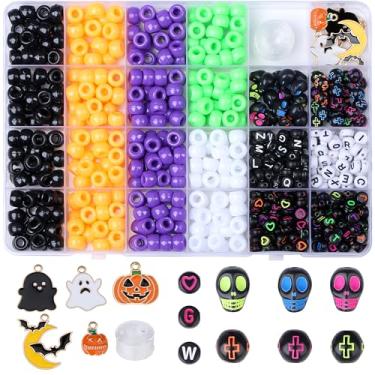 Imagem de XIANNVXI Conjunto de miçangas de pônei de Halloween com 10 cores, kit de fabricação de pulseiras da amizade, 640 peças, laranja, roxo, verde, branco, letras de pônei, contas a granel