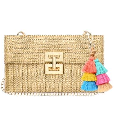 Imagem de Abbylike Bolsa clutch de palha com pingente de borla Boho para mulheres, bolsa tiracolo de tecido de verão, praia, bolsa transversal para festa na praia, férias, viagem (Cáqui)