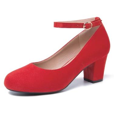 Imagem de Peijely Sapato social feminino Mary Jane com tira no tornozelo, bico fechado, laço, salto baixo grosso, Camurça vermelha, 41