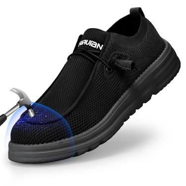 Imagem de Furuian Sapatos masculinos sem cadarço com bico de aço para segurança, mocassins, confortáveis, sem fecho, para trabalho, leves, calçados de segurança no trabalho, Preto, 44
