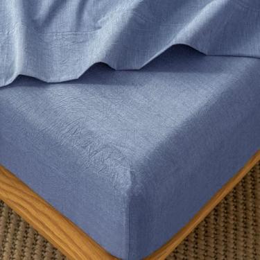 Imagem de MooMee Lençol de baixo com elástico 100% algodão lavado como linho texturizado respirável durável macio confortável bolso profundo cabe em colchões de até 43 cm (azul, casal)