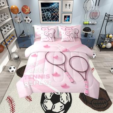 Imagem de Jogo de cama solteiro com raquete de tênis, bola esportiva moderna, para decoração de quarto de crianças, meninos, meninas, adolescentes, feminino, rosa, 7 peças para quarto, sala de estar