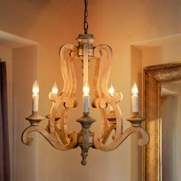 Imagem de Sedelan Lustre De Fazenda, Lustres Franceses De 5 Luzes Para Sala De Jantar, Luminária Pendente De Vela De Madeira, Iluminação Rústica De Ilha De Cozinha Para Entrada, Sala De Estar, Quarto, E12