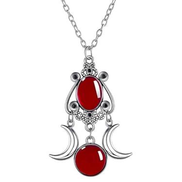 Imagem de Dreuyet Colar gótico de cristal de lua para mulheres, vintage, punk, vermelho, preto, roxo, crescente, gótico, tripla, lua, deusa, amuleto, pingente de amuleto, bijuteria de Halloween, Middle, Cristal