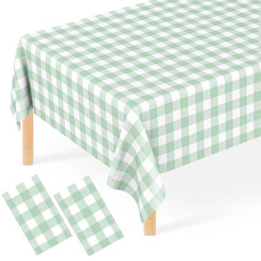 Imagem de JCTHKUKU 2 peças de toalha de mesa xadrez verde sálvia verde sálvia, 137 x 272 cm, plástico descartável, verde e branco, capas de mesa para piquenique, aniversário de fazenda, chá de bebê, casamento
