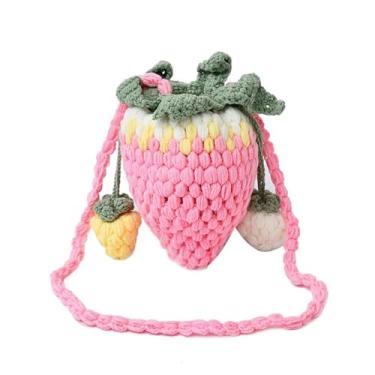 Imagem de XIAYUPAGU Bolsa de malha feita à mão de lã em forma de morango bolsa de ombro para mulheres bolsa transversal com cordão, Rosa claro