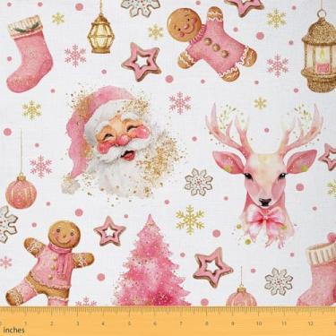 Imagem de Erosebridal Tecido de Natal rosa por quintal, tecido decorativo de Papai Noel, decoração de floco de neve de gengibre doce - rosa branco, 1 jarda