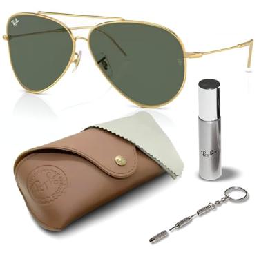 Imagem de Ray-Ban Óculos de sol RBR0101S AVIATOR REVERSE em forma de piloto com kit oficial de óculos, Armação dourada polida Arista | Lente verde G-15, 62 mm
