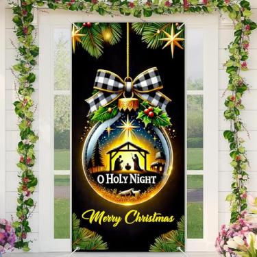 Imagem de BlissYard Capa para porta de Natal, enfeite de presépio de 89 x 188 cm, arco de globo de neve, ramo de pinheiro, faixa de porta de entrada, decoração de entrada para ambientes internos e externos