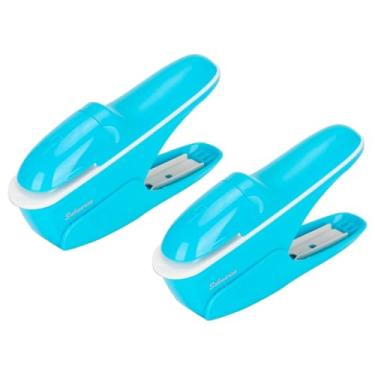 Imagem de 2 peças grampeador sem grampo, sem grampeador, grampeador de papel, compacto, sem grampeadores, ferramenta manual de encadernação de até 8 folhas, azul