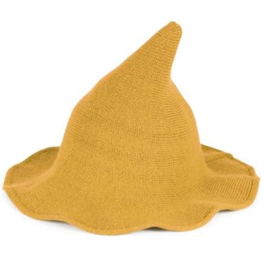 Imagem de Vovocas Chapéu de bruxa de Halloween para mulheres - chapéus de bruxa pretos para adultos, acessório de fantasia para festa cosplay, boné de lã moderno de bruxa, Chapéu de bruxa amarelo, Witch Hat