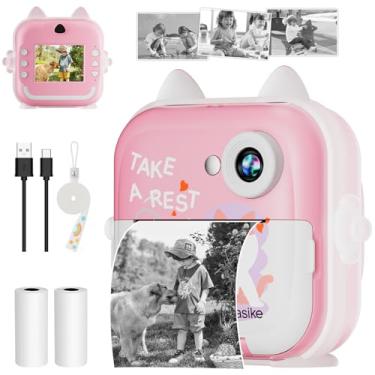 Imagem de Basike Câmera Infantil Digital e Instantânea 20MP 1080P, Tela 2,4" IPS, Zoom 6X, Impressão Térmica 200 dpi, Vídeo, Time-Lapse, Jogos Educativos, Portátil com Papel de Impressão – Rosa