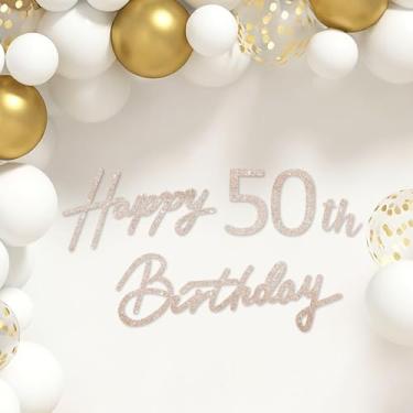 Imagem de TONIFUL Placa de feliz aniversário - Faixa de feltro dourado champanhe com glitter - Inclui cola de bolinhas - perfeita para pano de fundo de festa de 50 anos, decoração de parede de 50 anos