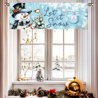 Imagem de Cortinas de Natal de boneco de neve, cortinas de saia de janela de Natal, decoração de janela de cozinha, cortina curta de árvore de Natal azul para sala de estar quarto 129,5 x 45,7 cm