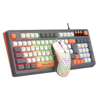 Imagem de Teclado Gamer com Mouse, Iluminação RGB Arco-Íris, Teclas Multimídia, Layout ABNT2, Cinza e Laranja