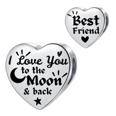 Imagem de MiiFort Pingente de coração prata para família com berloques Pandora "I Love You to the Moon and Back", contas de aniversário para mulheres, aço inoxidável, One Size, Aço inoxidável, Sem Pedra