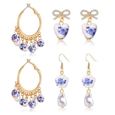 Imagem de Pulseira floral de porcelana azul, conjunto de joias, azul, branco, chinoiserie, floral, laço de cerâmica, coração com contas, pulseira elástica de gengibre asiático, joia de jarra de gengibre, Medium