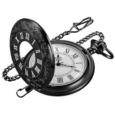 Imagem de Realpoo Relógio de bolso masculino preto oco de quartzo coberto romano, numerais arábicos luminosos, mostrador preto, relógio de bolso com corrente