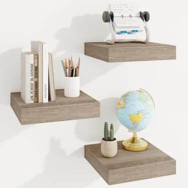 Imagem de Prateleiras quadradas flutuantes para parede, 25 cm L x 25 cm P x 3 cm A, 3 pacotes de pequenas prateleiras de madeira projetadas montadas na parede com suportes invisíveis para sala de estar, quarto