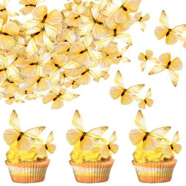 Imagem de 72 Pack Edible Butterflies Cake Decorations, Wafer Paper Butterfly Cupcake Toppers, Birthday Party Butterfly Decorations for Wedding Birthday Anniversary Flower Themed Party Cupcake Decorating Yellow