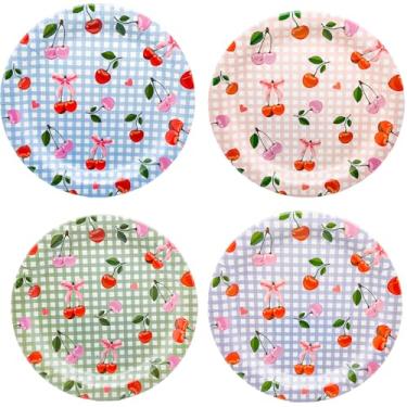 Imagem de 40 peças de suprimentos de festa de aniversário de cereja - pratos de 17 cm, pratos de papel azul guingão cereja, verde sálvia, prato xadrez roxo para chá de bebê, despedida de solteira, casamento