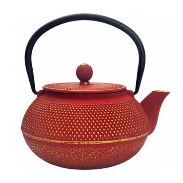 Imagem de Bule de chá pequeno de ferro fundido de 890 ml, chaleira para fogão, revestida com interior esmaltado, tesubin japonês vermelho, bule de chá com infusor de aço inoxidável para chá solto (900 ml)