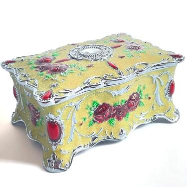 Imagem de Baú de joias rosa estilo pastoral caixa de metal bugiganga vintage bandeja de armazenamento de pedras preciosas lembrança de tesouro estojo de presente para meninas e mulheres (amarelo cromado