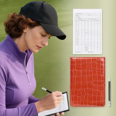 Imagem de Capa para cartão de pontuação de golfe, suporte de pontuação de couro, estatística e rastreamento de pontuação, impermeável, macio, grosso, durável (textura laranja)