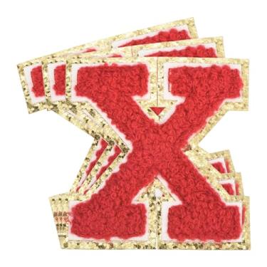 Imagem de 3 peças de adesivos de letras chenille tamanho grande 8 x 7,5 cm letras de ferro X remendos bordados com glitter dourado para roupas, sapatos, chapéus, mochilas (vermelho)