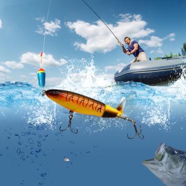 Imagem de Isca de pesca Topwater, iscas Popper para peixe-gato robalo, isca de robalo com cauda rotativa flutuante isca rígida artificial, várias cores