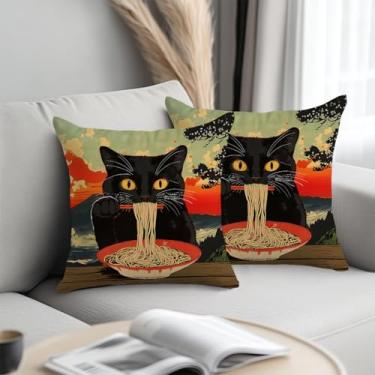 Imagem de Capas de almofada vintage de gato comendo ramen 45,7 x 45,7 cm, presentes para amantes de gatos, decoração de sala de estar, primavera ao ar livre, fronhas quadradas decorativas para sofá, sofá