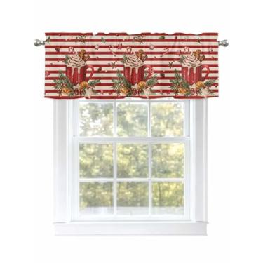 Imagem de Cortinas vermelhas brilhantes de Natal para janelas com folhas de pão de gengibre para janelas de sala de estar/banheiro, cortina de café com bolso de haste. 1 painel, 137 cm × 45 cm bege listrado