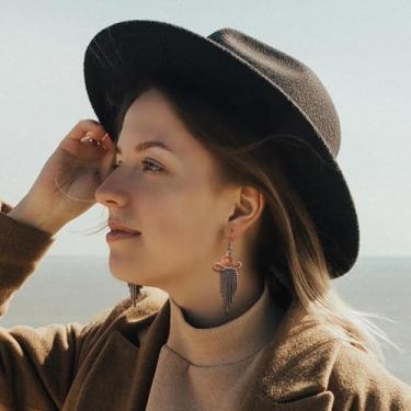 Imagem de Western Cowgirl Chapéu esmaltado brilhante strass borla brincos pendentes baile shows country roupas cowboy roupas rodeio joias presente para mulheres, cristal preto, chapéu prata e marrom