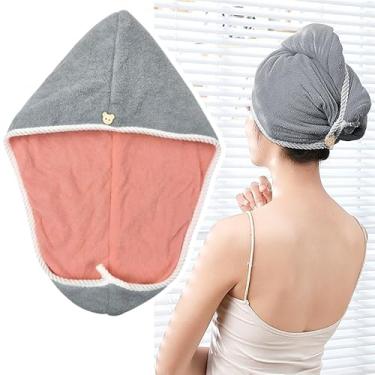 Imagem de Envoltório de cabelo de microfibra cinza – toalha de secagem rápida com laço de botão, touca macia e absorvente para mulheres, meninas, fios grossos, encaracolados ou longos