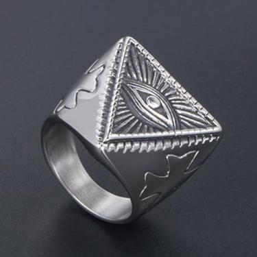 Imagem de Anéis de aço inoxidável para homens - Anel vintage prata sinete que tudo vê olho maçônico Illuminati triângulo 7/8/9/10/11/12 polegadas, hip hop punk motociclista estilo retrô estilo gótico, presentes
