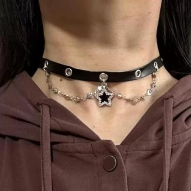 Imagem de 1 gargantilha Y2k punk gótico de camada dupla com pingente de estrela retrô brilhante de liga de strass para mulheres joias presentes