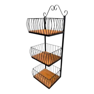 Imagem de fruteira quadrada de parede 3 andares em ferro e madeira