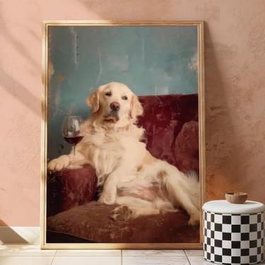 Imagem de Animal fofo no sofá arte de parede cachorro bebendo vinho imagem animal caprichoso impressão retro bebida cartazes modernos bar carrinho arte de parede arte eclética vintage álcool pôster antigo