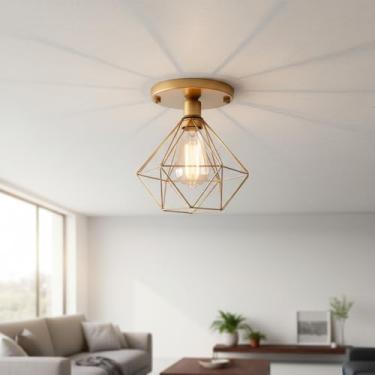 Imagem de Lustre De Teto Industrial Plafon Retrô, Luminária Aramada Diamante, Estilo Geométrico, Acabamento Dourado, Iluminação para Sala de Estar (Dourado)