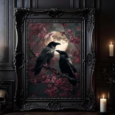 Imagem de Arte de parede de casal corvo pôster gótico lua cheia imagem de corvo preto impressões de animais da academia arte de parede botânica gótica pintura de flores temperamentais impressões de casa de